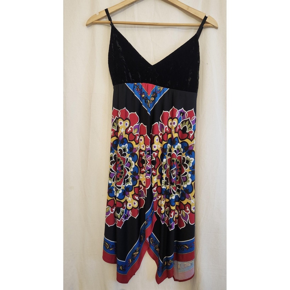 Uncle Frank Dress Womens M Multicolor Floral Velvet V Neck Hanky Hem Boho Swing